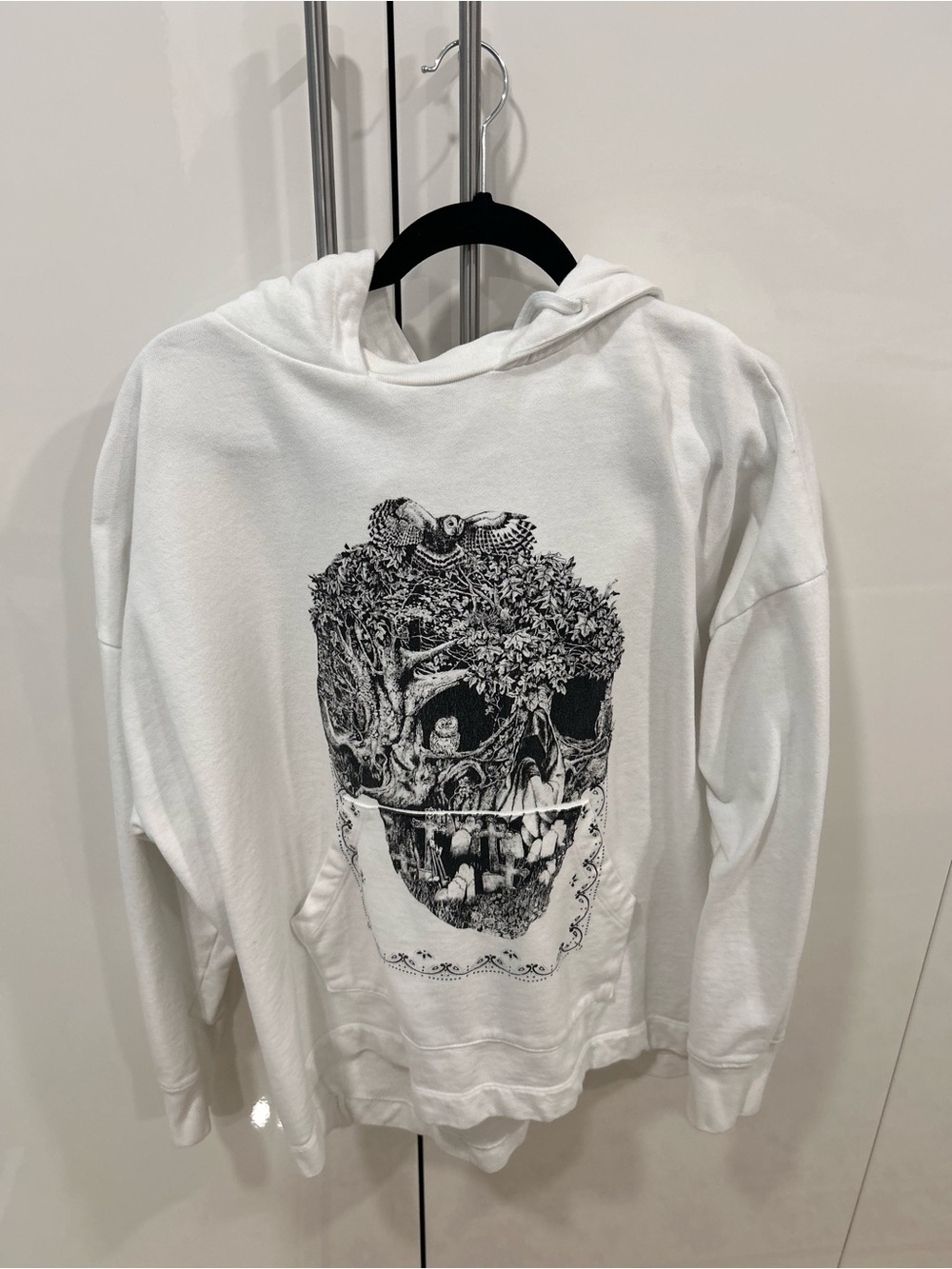 AllSaints White Graphic Hoodie with Monochrome Illustration